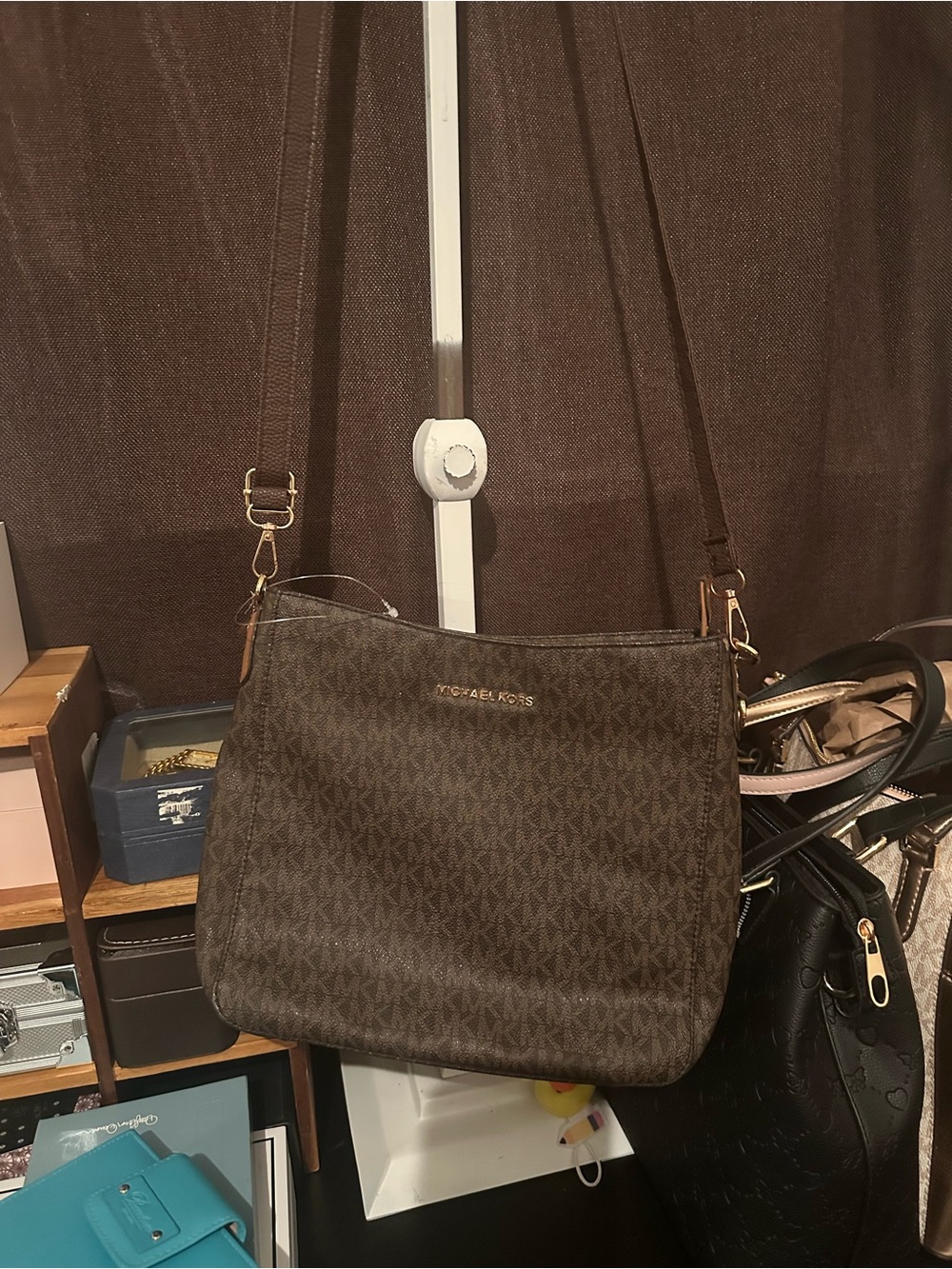 Michael Kors Brown Monogram Shoulder Bag with Gold Hardware